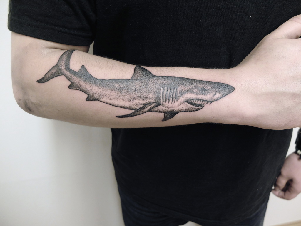 Angry Shark Dotwork tattoo by Jan Mràz