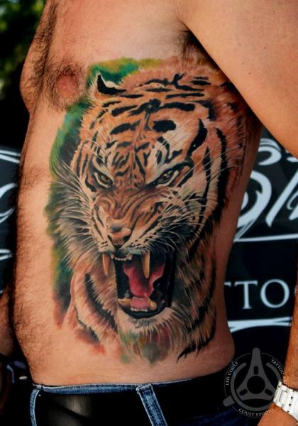 Belly Side Angry Tiger Realistic tattoo by Led Coult