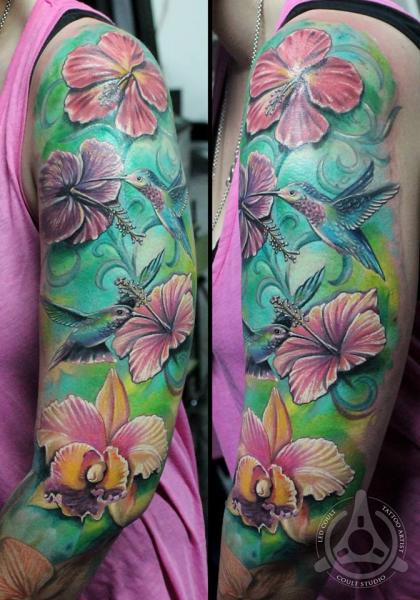 Colibri in Pink Flowers Realistic tattoo by Led Coult