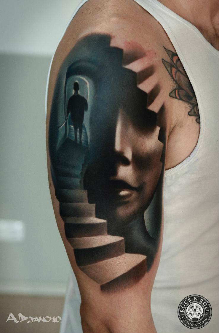 Down the Stairs 3d tattoo by AD Pancho