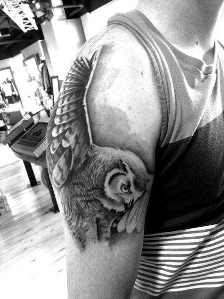 Flying Owl Realistic tattoo by Westfall Tattoo