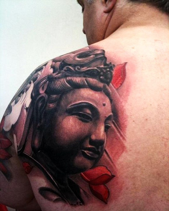 Realistic Buddha Religious tattoo on Shoulder