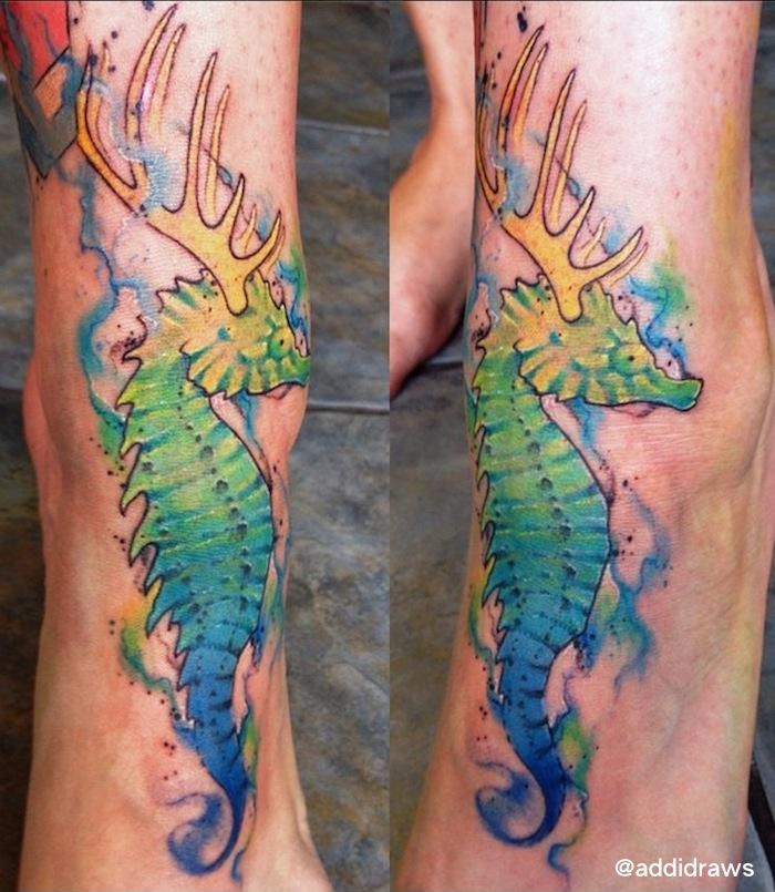 Antlers Seahorse Aquarelle tattoo by Liisa Addi Kask
