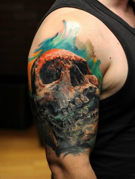 Aquarelle Background Scull tattoo by Bloodlines Gallery