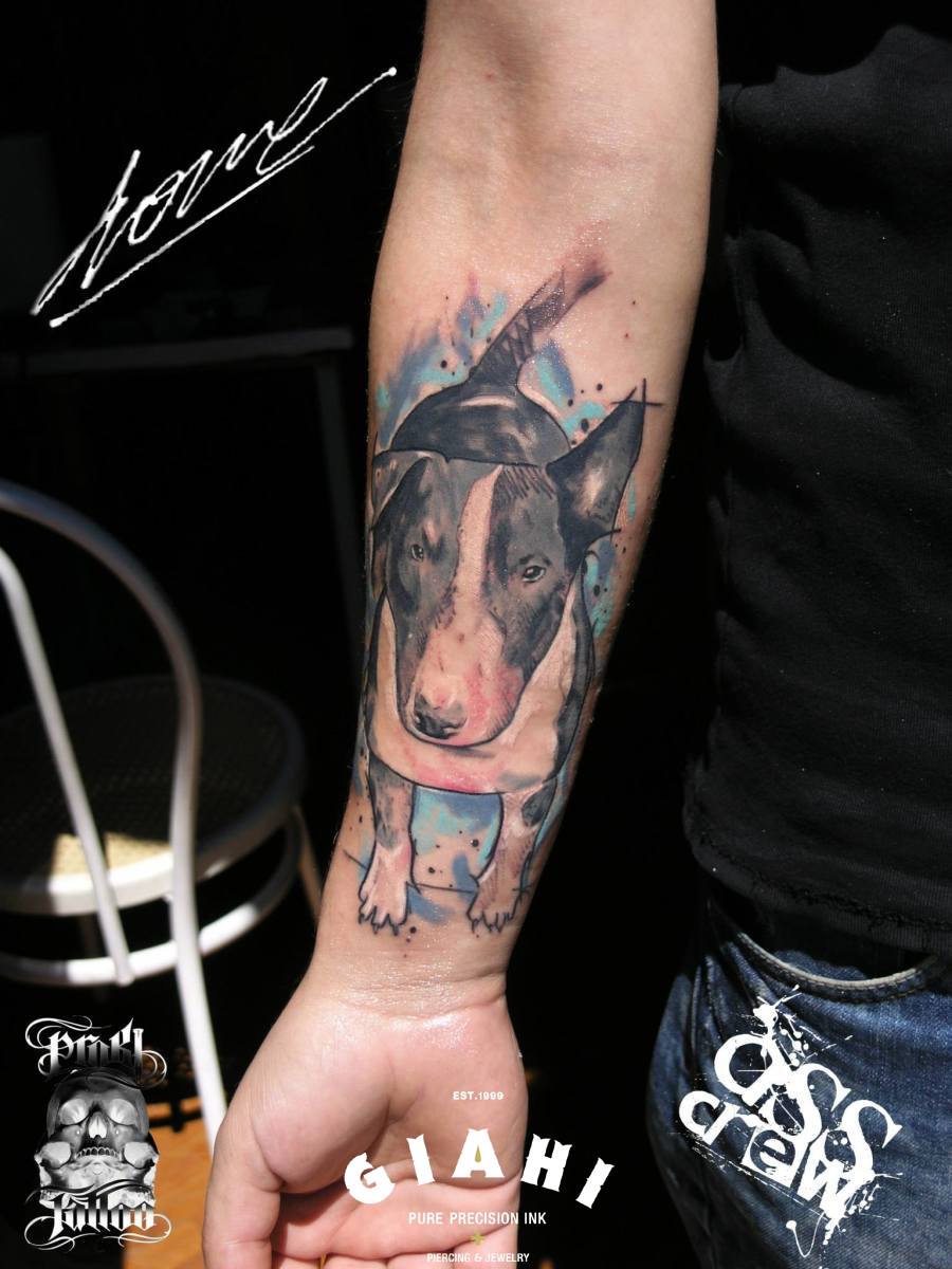 Arm Bullterier tattoo by George Drone