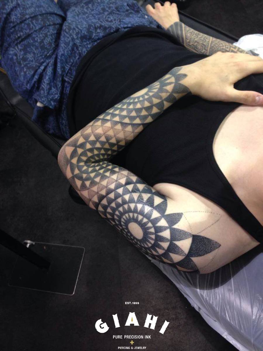 Black Flower Circle Dotwork tattoo sleeve by Andy Cryztalz