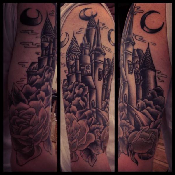 Castle Under Moon Blackwork tattoo by Sarah B Bolen