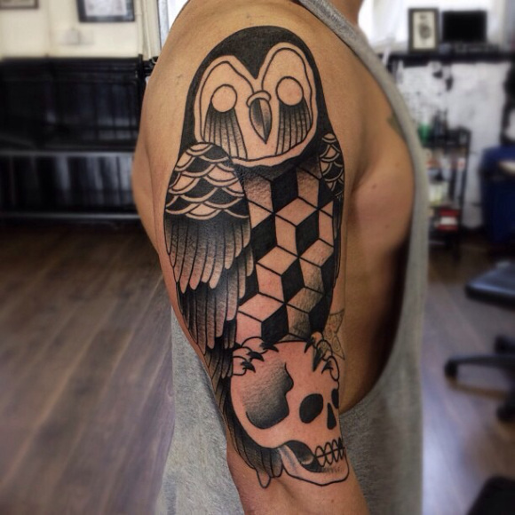 Cubes Owl on Scull Blackwork tattoo by Matt Cooley