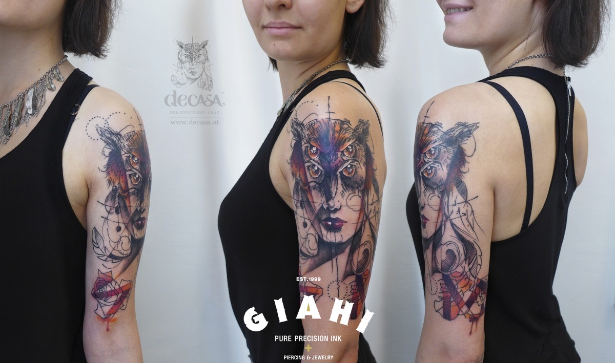Four Eyes Owl Girl tattoo by Carola Deutsch