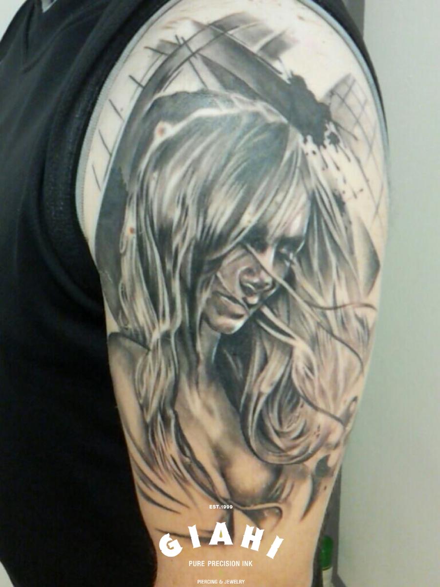 Girl In Wind Graphic tattoo on Shoulder by Goran Petrovic