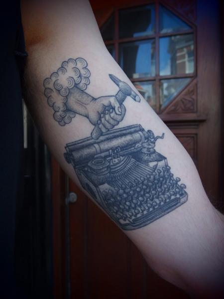 God Typing Hammer Typing Machine tattoo by Papanatos Tattoos