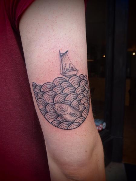 Lola Sails in Sea Dotwork tattoo by Papanatos Tattoos