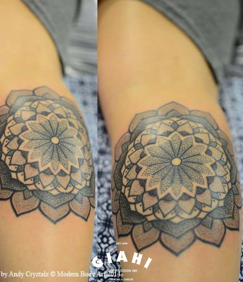 Many Levels Flower Mandala Dotwork tattoo by Andy Cryztalz