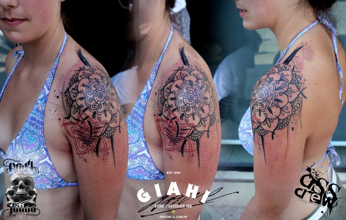 Mehendi Shoulder Flower tattoo by George Drone