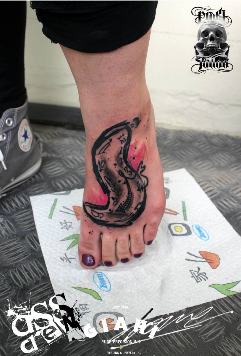 Melting Clock tattoo on Foot by George Drone