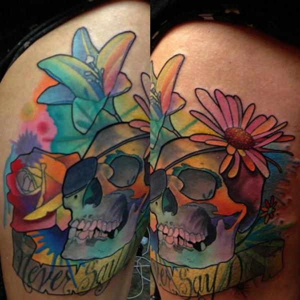 Never Say Lettering Scull Aquarelle Scull tattoo by Transcend Tattoo