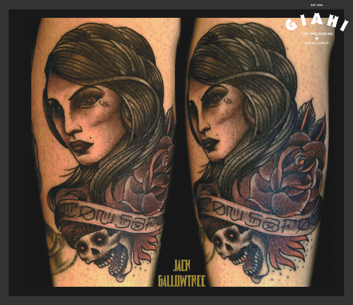 Pale Rose Girl Skull tattoo by Jack Gallowtree