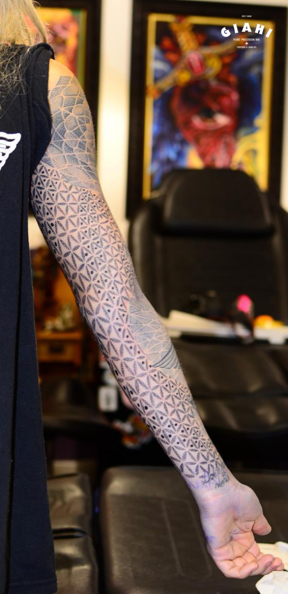 Petals Dots Triangles Dotwork tattoo sleeve by Andy Cryztalz