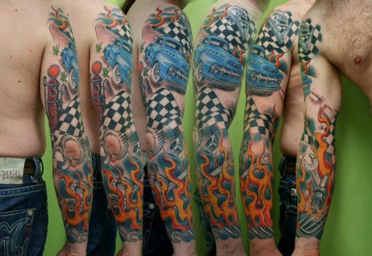 Pick Up Fire Race tattoo sleeve by Skin Deep Art