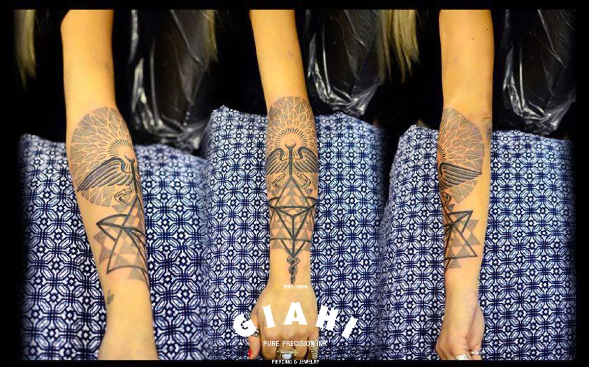 Pyramid Wings Dotwork tattoo on Arm by Andy Cryztalz
