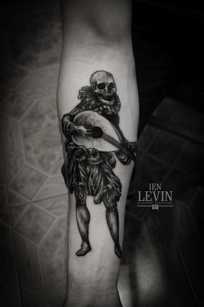Reneisance Musician Skeleton Dotwork tattoo by Ien Levin