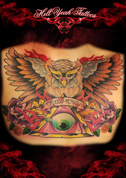 Roman Date Owl Eye of Providence tattoo by Hellyeah Tattoos