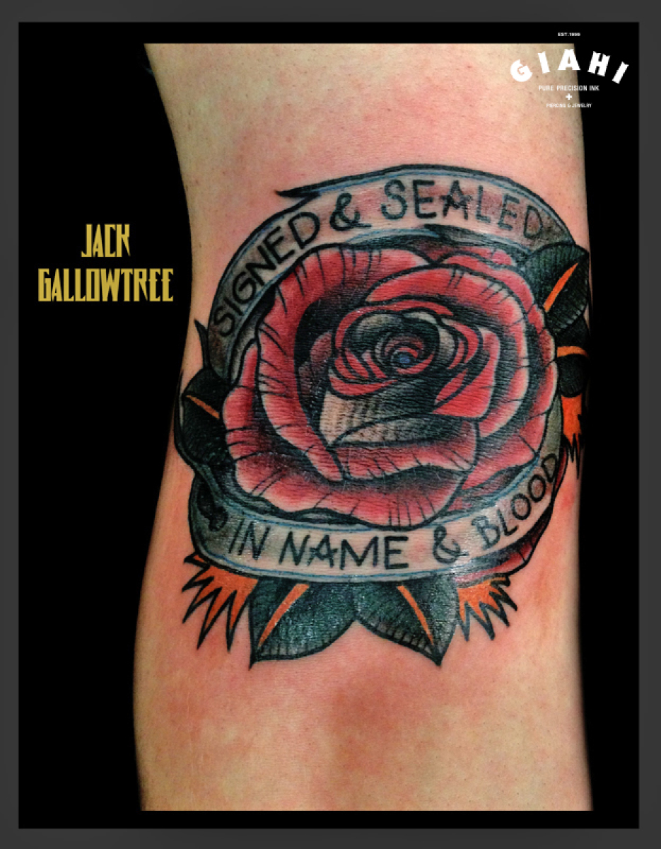 Rose Signed & Sealed in Name & Blood Lettering tattoo by Jack Gallowtree