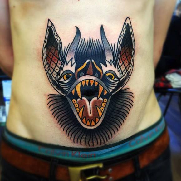 Screamming Bat on Belly New School tattoo by Matt Cooley