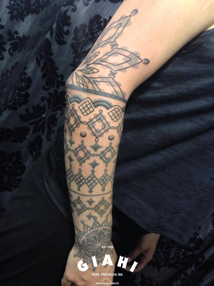 Squares Tracery Dotwork tattoo by Andy Cryztalz