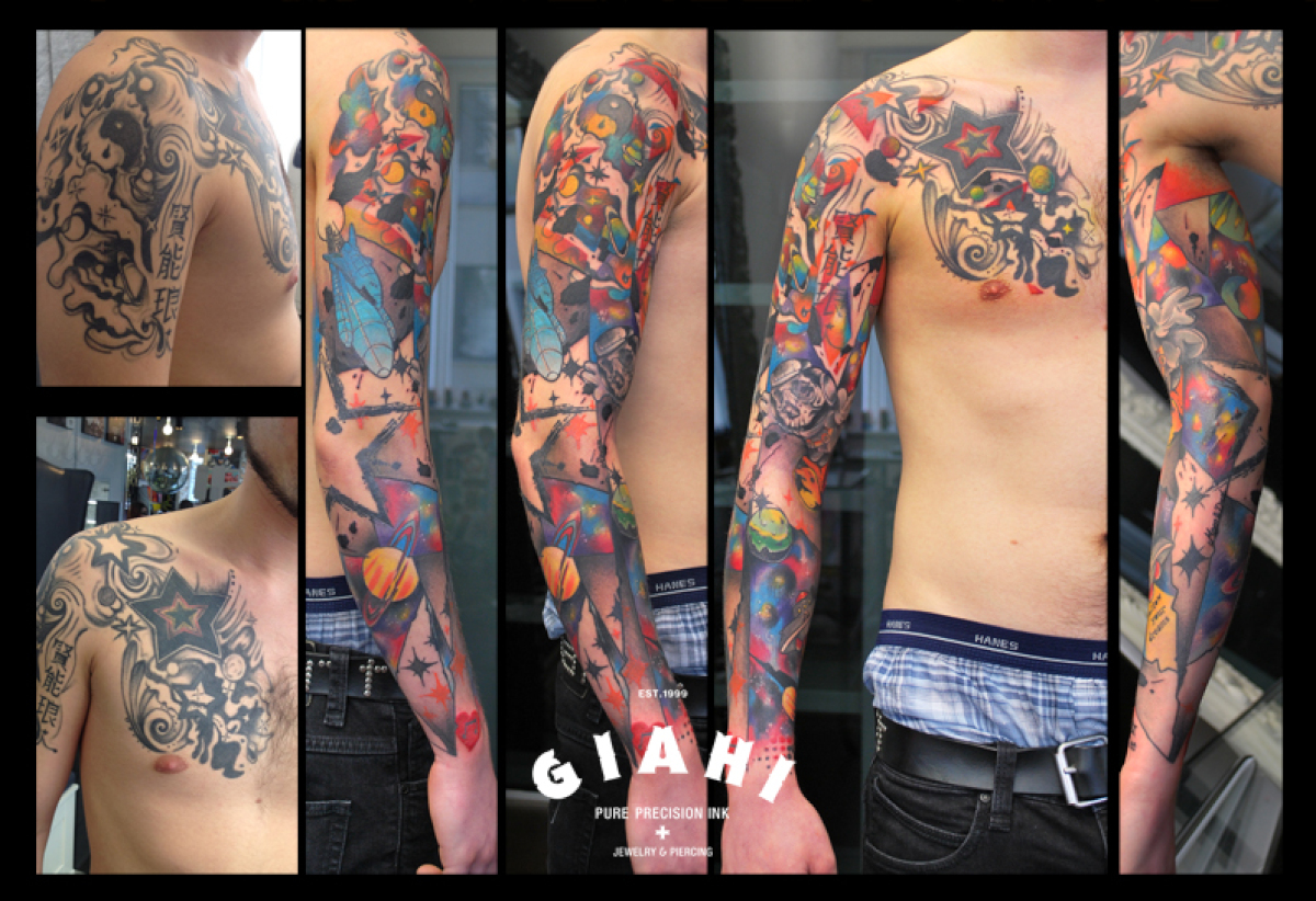 Stars Colorful Cover Up tattoo sleeve by Live Two