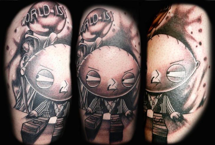 World is Y Gangster Stewie Griffin Blackwork tattoo by Transcend Tattoo