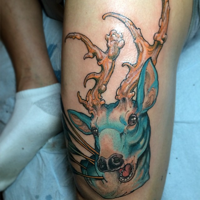 Arrows Shot Deer Thigh tattoo by Matt Lambdin
