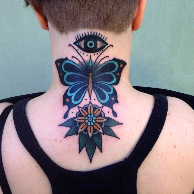 Flower Eye and Butterfly Neck tattoo