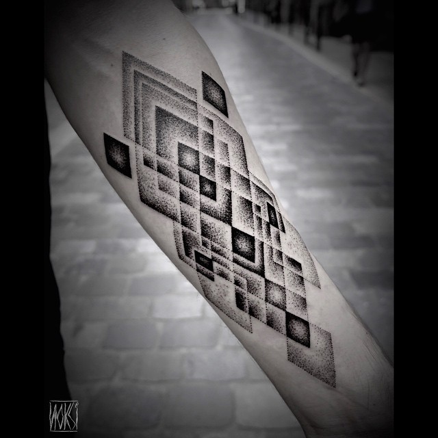 Dark and Grey Rhombus Arm Dotwork tattoo