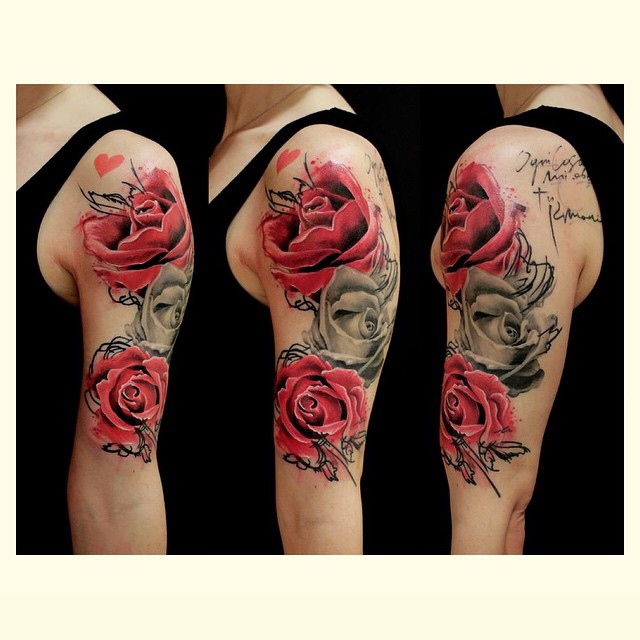 Grey and Pink Roses Shoulder tattoo