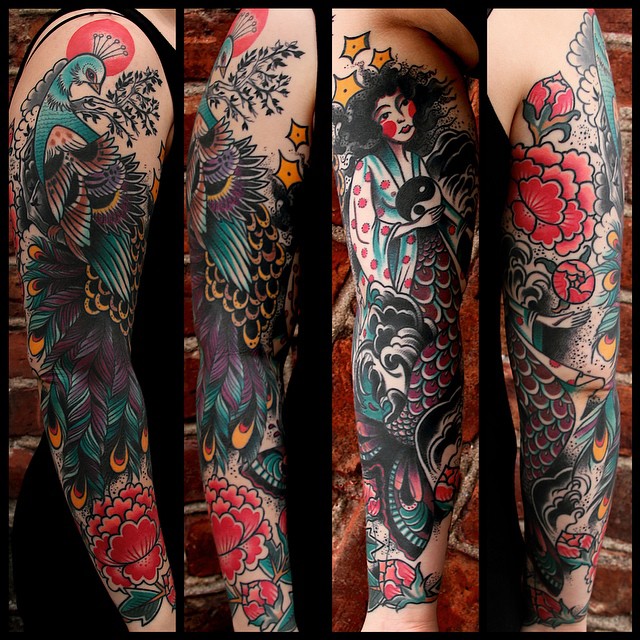 Peacock and Geisha Mermaid Tattoo Sleeve
