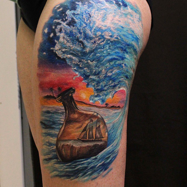 Ship in Flask Watercolor tattoo
