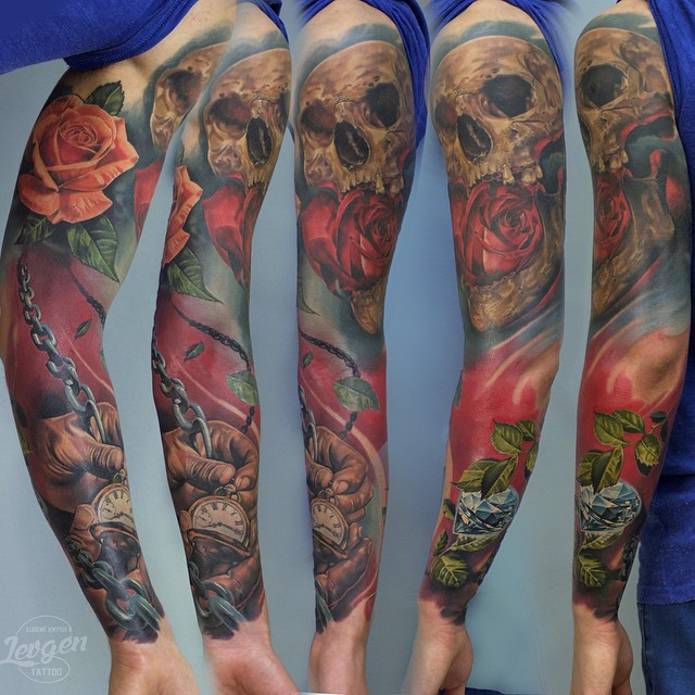 Time Skull Dimonds Tattoo Sleeve