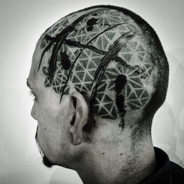 Trash Polka Dotwork Pattern Head tattoo