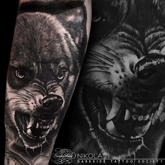 Angry Growling Wolf Tattoo on Arm