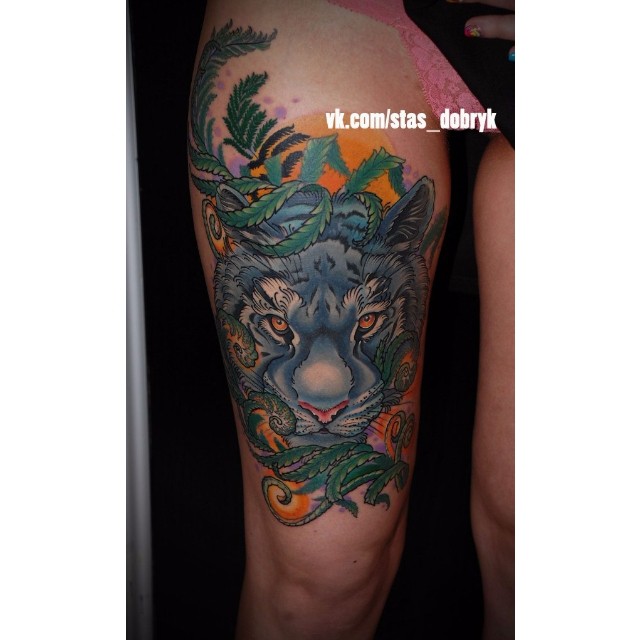 Blue Tiger Thigh Tattoo