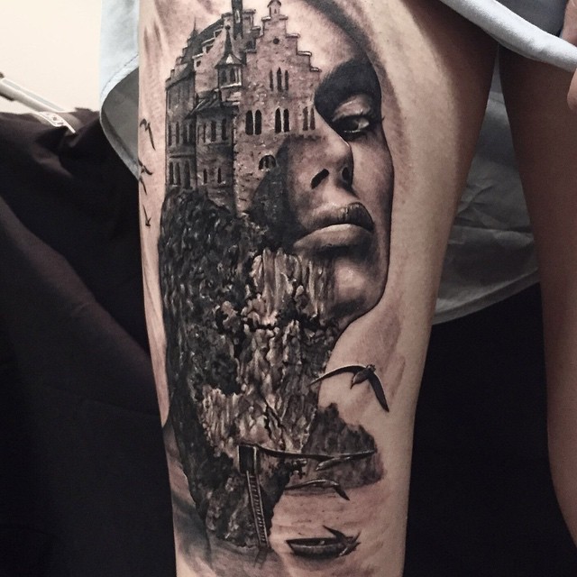 Castle Face Thigh Tattoo