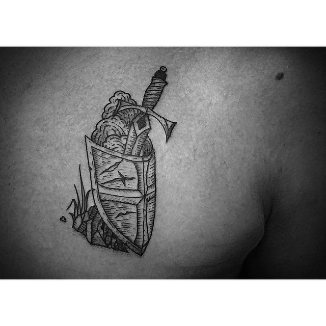 Etching Shield and Sword tattoo