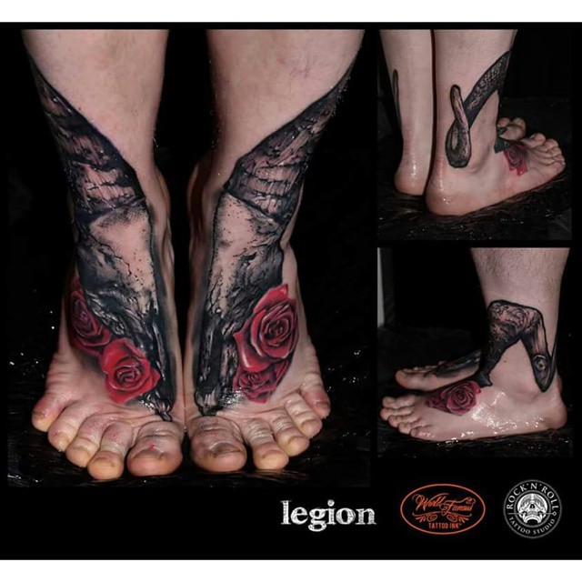 Horns and Skull Both Feet tattoo