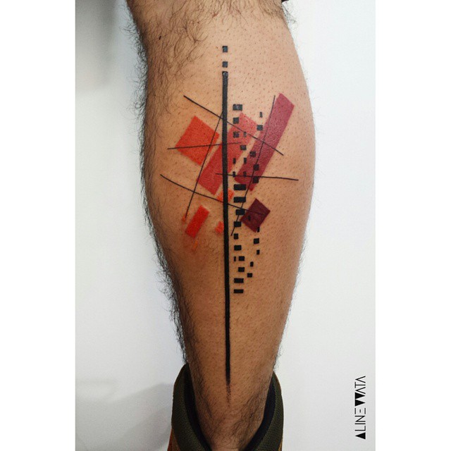 Red Geometry Calf Tattoo