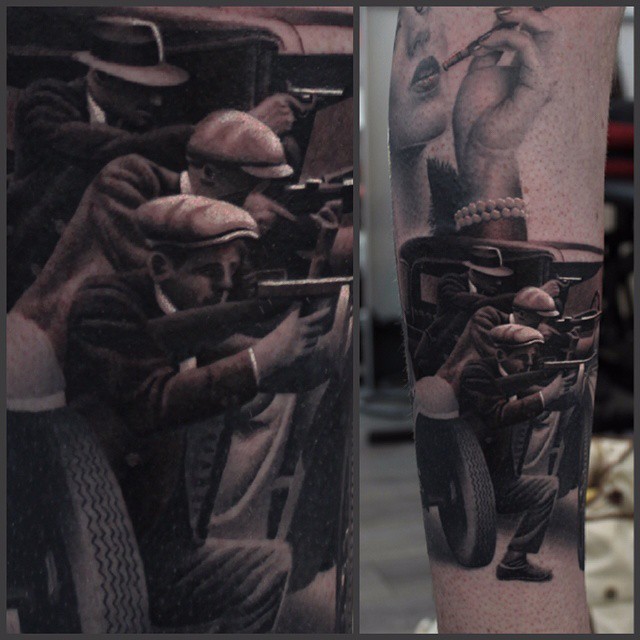 The Shooting Gangsters Tattoo by Ryan Evans presents the graphic realism ab...