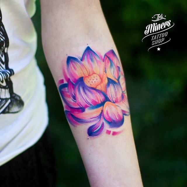 Soft Violet Lotus Tattoo on Arm