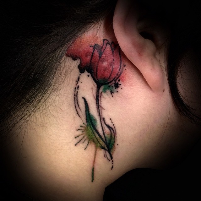 Watercolor Tulip Tattoo Behind Ear