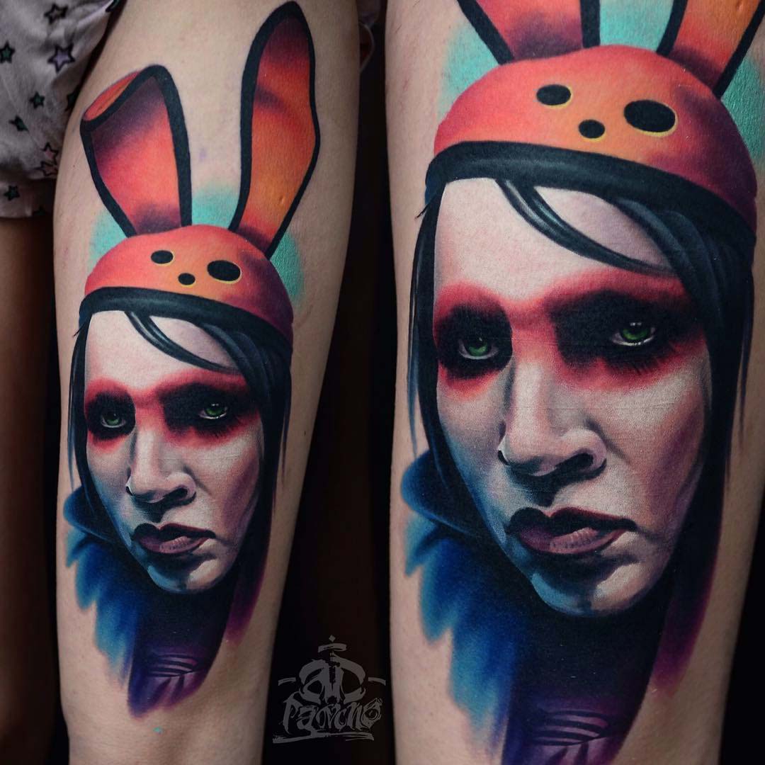 portrait marilyn manson tattoo in hare ears hat
