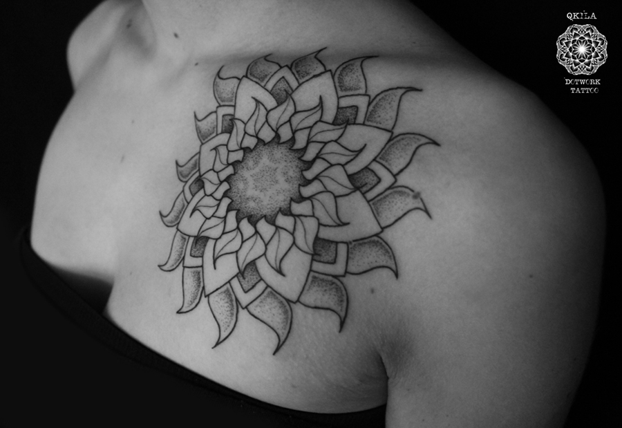 dotwork tattoo mandala sun on collar bone